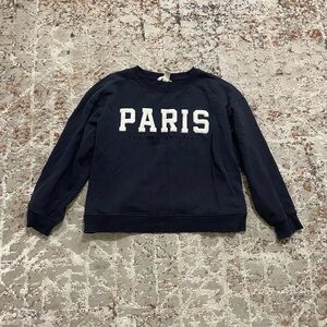 H&M navy blue crewneck with fuzzy paris lettering and embroidered